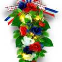 YULETIME 24" Pre-lit Decorative Teardrop Swag, Battery Operated Patriotic Theme Swag with Fairy Lights, Red, White & Blue Roses, Lilac Flowers, Green Leaves (Red White & Blue)