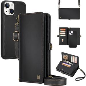 for Wallet Case Compatible with iPhone 15,Multi-Function Detachable 2 in 1 Magnetic iPhone 15 Wallet,Flip Strap Zipper Card Holder Phone Case with Shoulder Straps (Black)