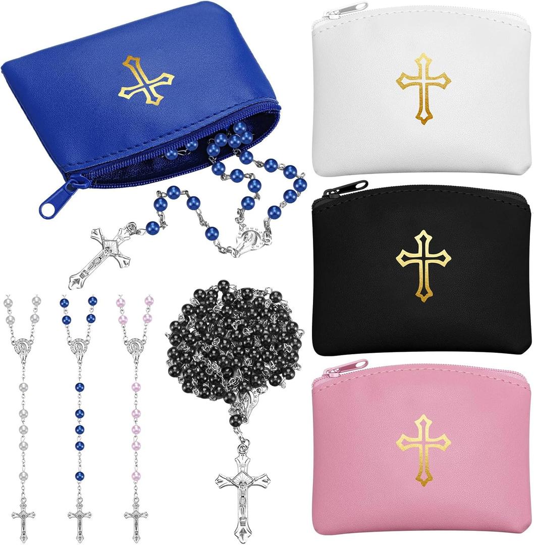 Dansydaisy 8 Pcs Rosary Pouch with Catholic Rosary Beads Necklace Set for Women Leather Holder with Zipper Gold Cross Imprint Case Portable Religious Bag for Travel Christmas