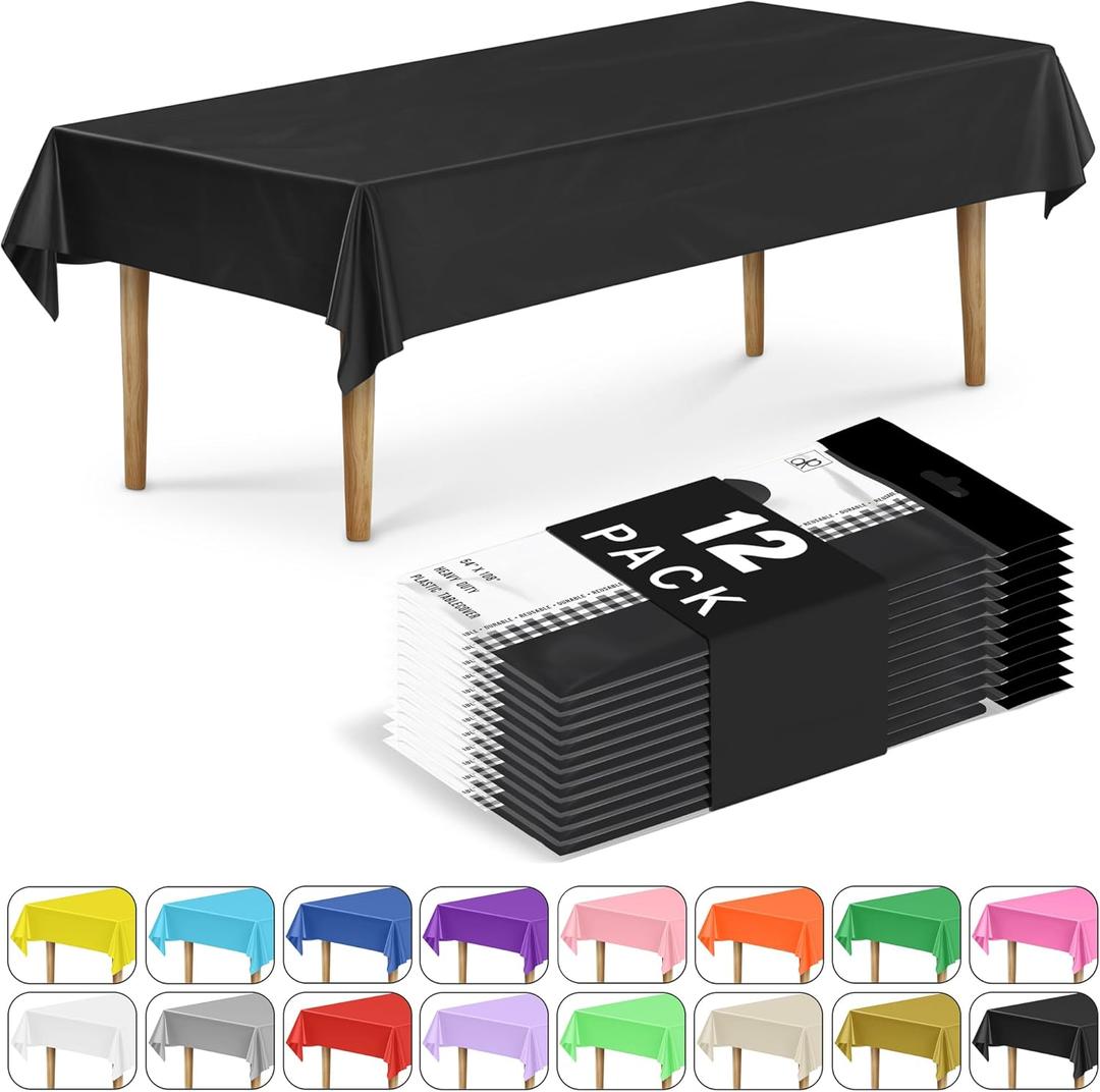 DecorRack 12 Rectangular Tablecloths BPA-Free Plastic, 54 x 108 inch, Dining Table Cloth, Rectangle Table Cover for Parties, Picnic, Camping and Outdoor, Disposable or Reusable, Black (12 Pack)