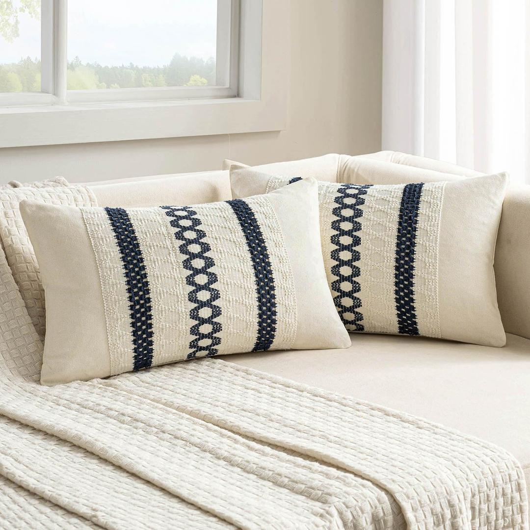 MIULEE Set of 2 Navy Blue Boho Decorative Pillow Covers 12x20 Inch Farmhouse Rustic Couch Throw Pillows Modern Spring Cotton Cushion Covers Retro Cute Macrame Woven Home Decor for Bed Sofa Chair