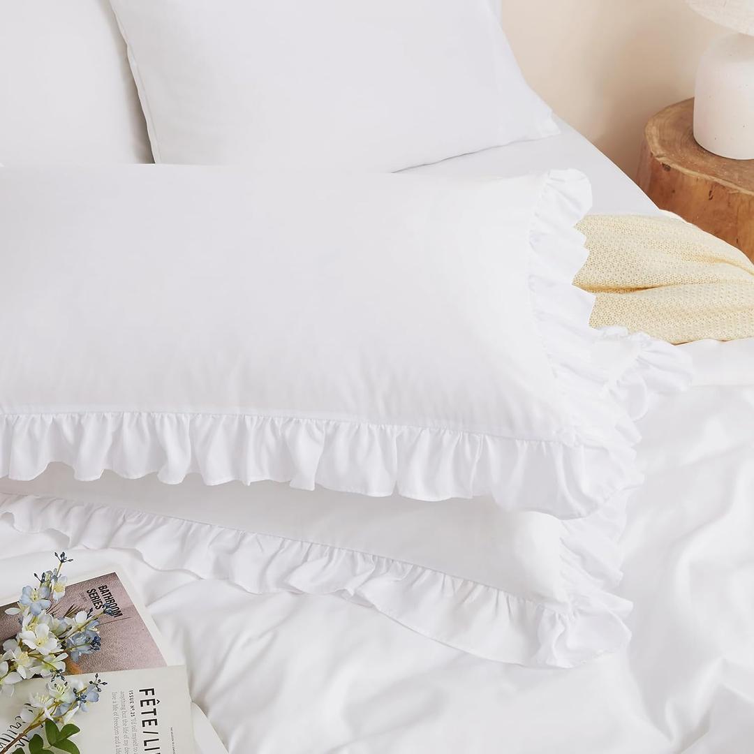 Horbaunal 2 Pack White Ruffle Pillowcases Queen Size, 20" x 30" Ruffle Pillow Covers Ultra Soft Microfiber Ruffled Fringe Pillow Shams, Shabby Chic Pillow Cases