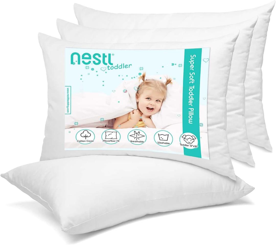 Nestl 4 Pack Toddler Pillow for Sleeping 13 x 18, Small Kids Pillow for Travel, Car, School, Nap, & Toddler Bed, Machine Washable Soft Cotton Toddler Pillow 2 Year Old and Up - White