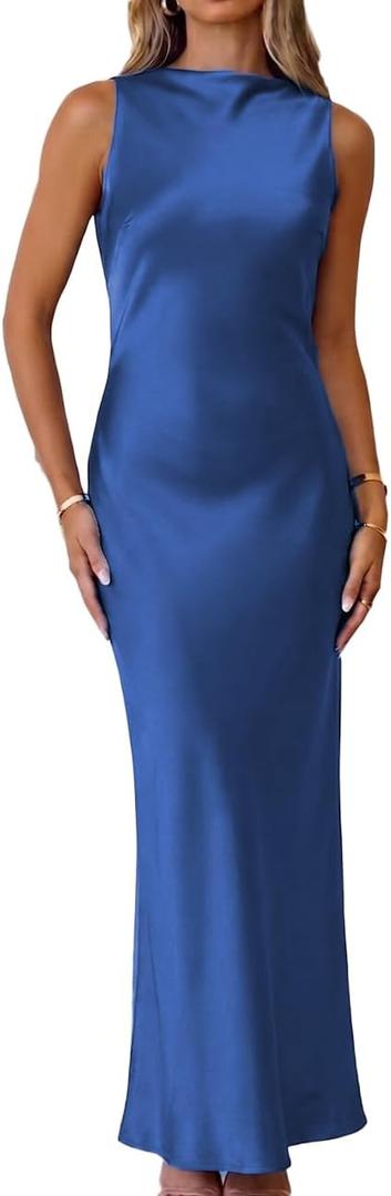 Summer Satin Backless Boat Neck Maxi Dress for Women 2026 Elegant Silk Sleeveless Wedding Guest Dresses (Blue, M)