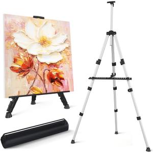 Art Painting Easel Stand, Portable Adjustable Display Tripod Artist Floor Metal Easel with 1 Bag for Table-top/Floor Drawing, Height from 17 to 66 inches, Sturdy for Canvases Displaying - Silver