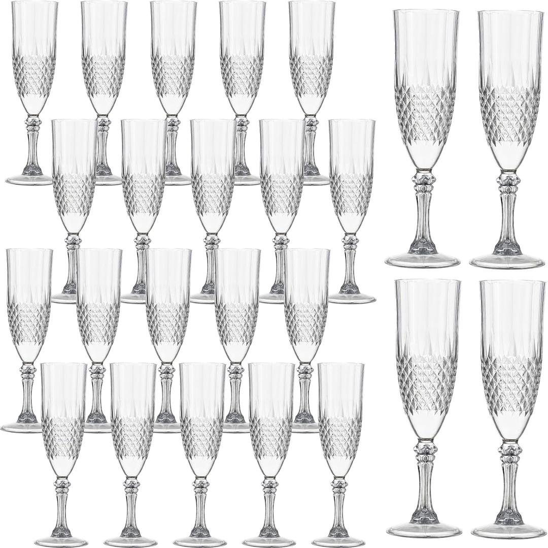 24PCS Plastic Champagne Flutes,7.1Oz Acrylic Clear Wine Glasses Goblets Reusable Drinking Champagne Glasses for Wedding ,Shatterproof and Disposable Cups Plastic Goblets Grand Event Party Supplies
