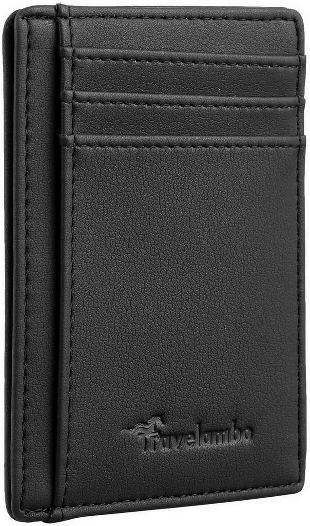 Travelambo Front Pocket Minimalist Leather Slim Wallet RFID Blocking Medium Size (Black Delux)