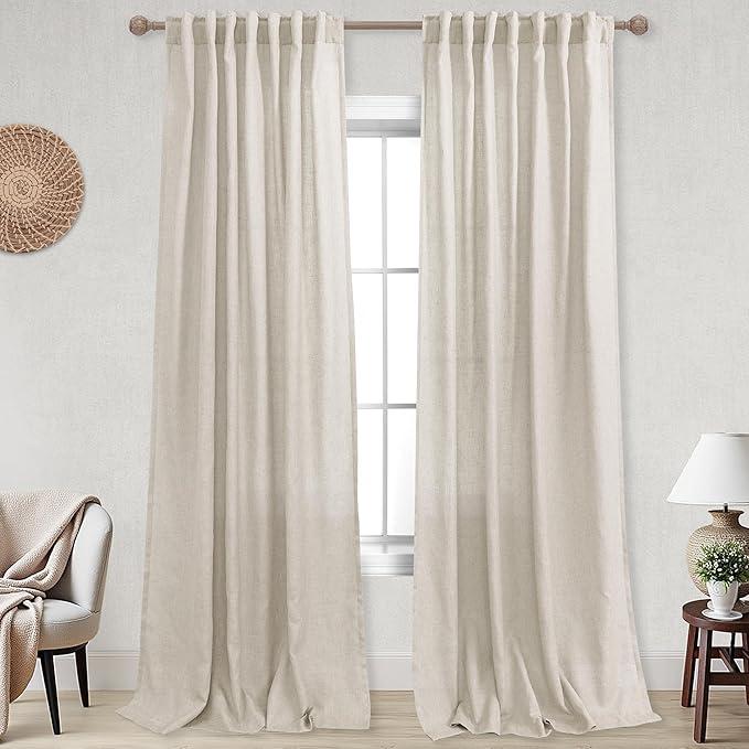 KOUFALL Light Filtering Curtains 86 Inch Long for Living Room, Cortinas para Sala, Thick Linen Sheer Boho Farmhouse Curtain Set of 2 Panels, Cream Beige (Natural)