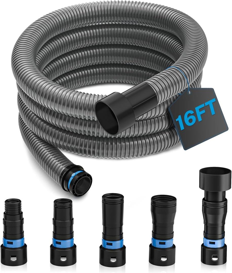 Hon&Guan 16 Ft Shop Vac Hose Kit with Quick-Connect Adapters, Flexible 1-1/4 Vacuum Hose Compatible with Home & Shop Vac, Expanded Multi-Brand Power Tool Adapter Set (1-1/4 to 2-1/4)