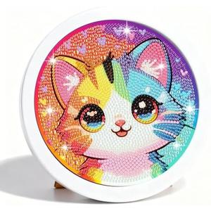 Gemozaic Cat Diamond Art Kits for Kids with Round Frame, Cute Colorful Kitten Diamond Art for Kids Ages 4-8-12, Animal Kid Gem Painting for Gift Home Wall Decor (8x8inch)