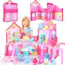 Foldable Dollhouse 2025, Dream 3-Story Princess Doll House Playset with Furniture Slide, Pink Toddler Toy House for 3 4 5 6 7 8 9 10 Year Old Girls
