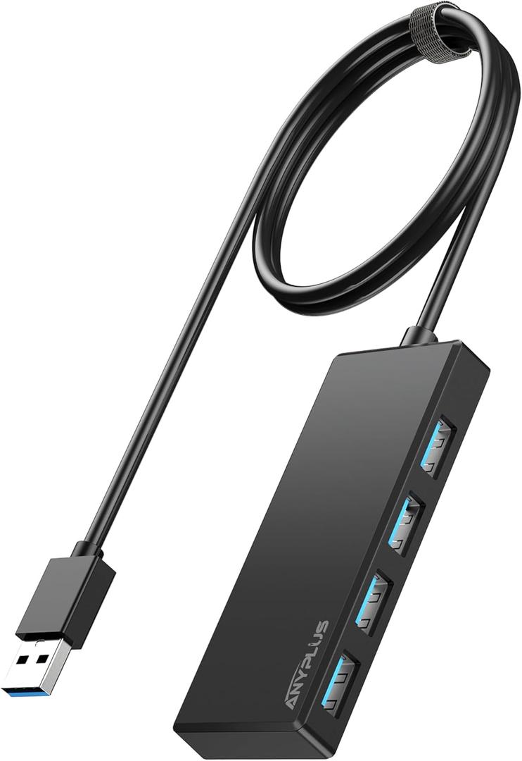 USB Hub, Multiport USB Splitter Adapter, 2 ft Long Cable USB 3.0 Hub, USB Extender for Laptop, PC, iMac, Surface Pro, MacBook, Mac Pro, Flash Drive, XPS, Mouse, HDD (Longline Black-Plastic)