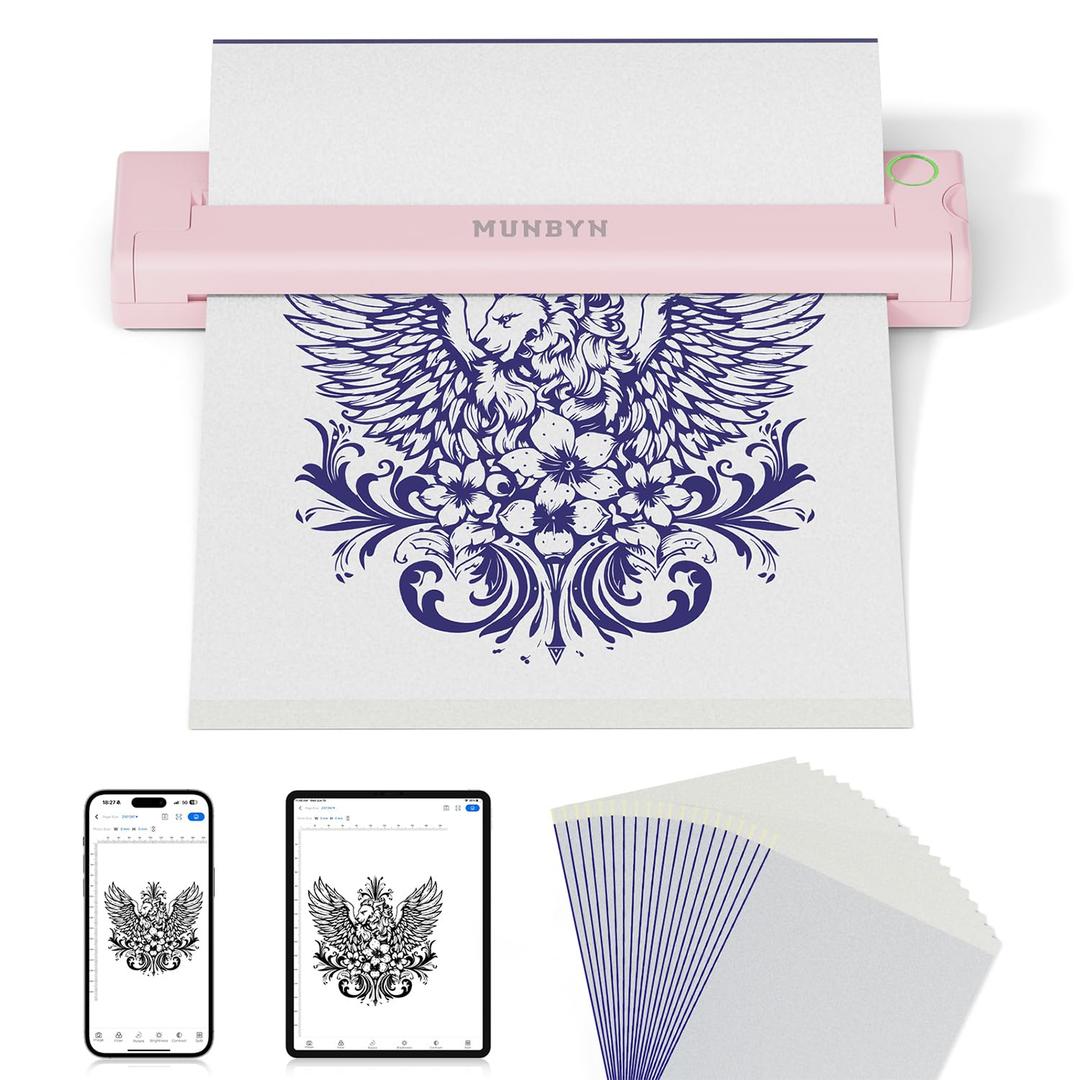 MUNBYN Tattoo Stencil Printer ITP05, Wireless Thermal Tattoo Printer with 20 Transfer Papers, Compatible with Android and iOS Phone/Tablet & PC, Tattoo Printer for Tattoo Artists & Beginners(Pink)