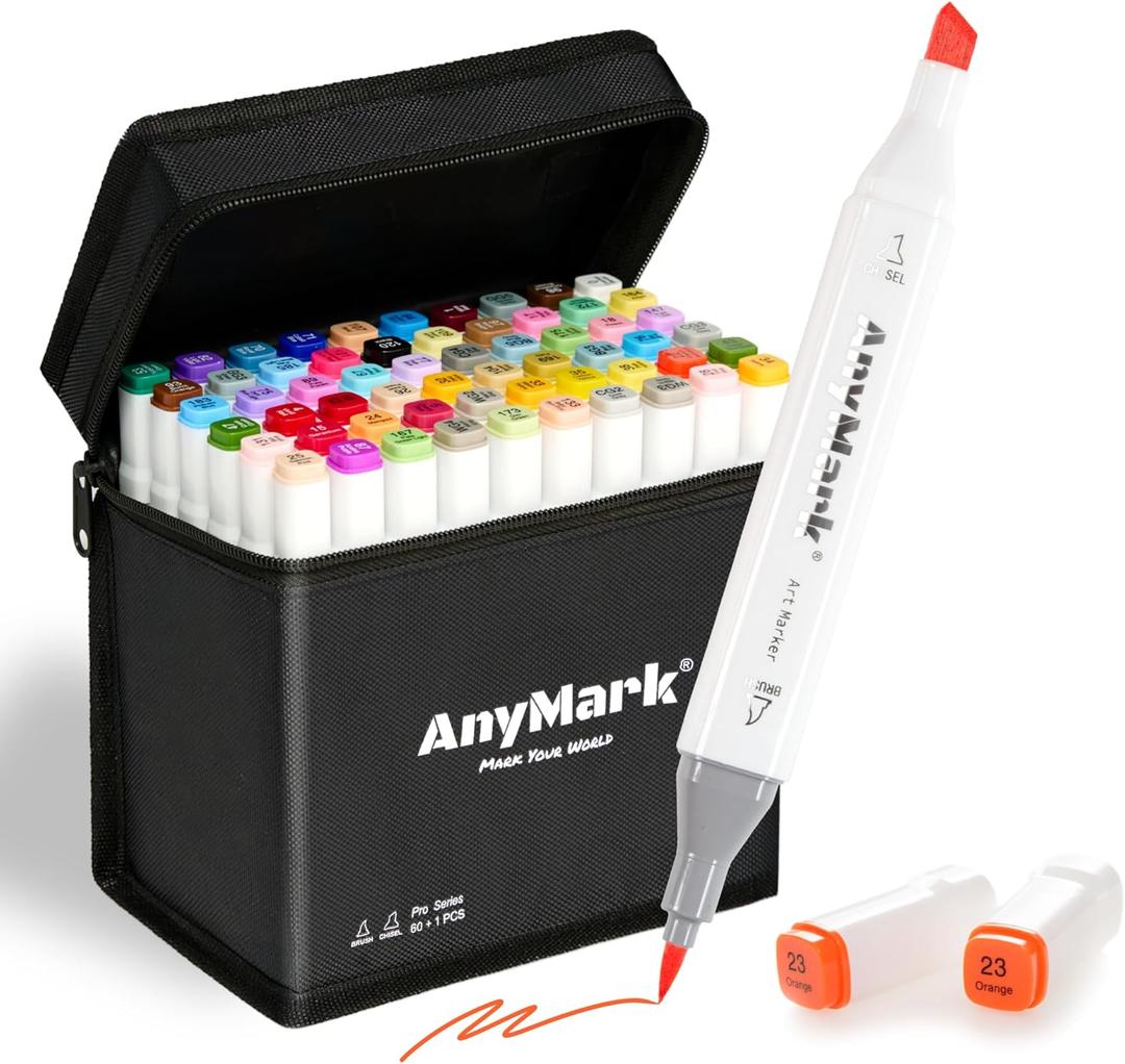 AnyMark Markers Brush Tip, 60+1 Colors Dual Tip Brush & Chisel Based Art Markers Set with Case for Adult Artists Drawing Coloring