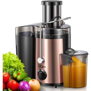 QCen Juicer Machine, 500W Centrifugal Juicer Extractor with Wide Mouth 3 Feed Chute for Fruit Vegetable, Easy to Clean, Stainless Steel, BPA-free (Rose Gold)