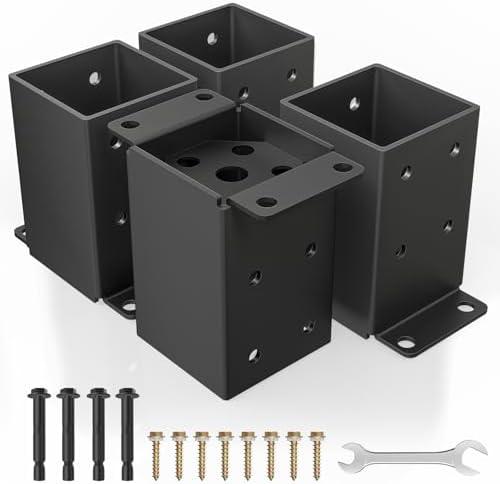 QZER 4×4 Post Base, Inner Size 3.5""x3.5"" Deck Post Brackets, Heavy Duty Metal Black Powder Coated Fence Post Anchor Base for Pavilion Porch Railing Pergola Support Deck Base Plate 4 Pcs