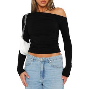 Darong Women's Casual Long Sleeve Boat Neck Off Shoulder Slim Fit Crop Top Going Out Blouses Y2K Tight Shirts (Large, Black)