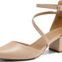 DREAM PAIRS Women's Closed Pointed Toe Low Chunky Heels Pumps Ankle Strap Wedding Business Dressy Shoes SDPU2354W Size 7.5, Nude-Pu