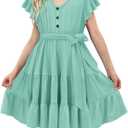 storeofbaby Girls Short Sleeve Dress V Neck Button Ruffle Hem Dresses with Belt (Green, S)