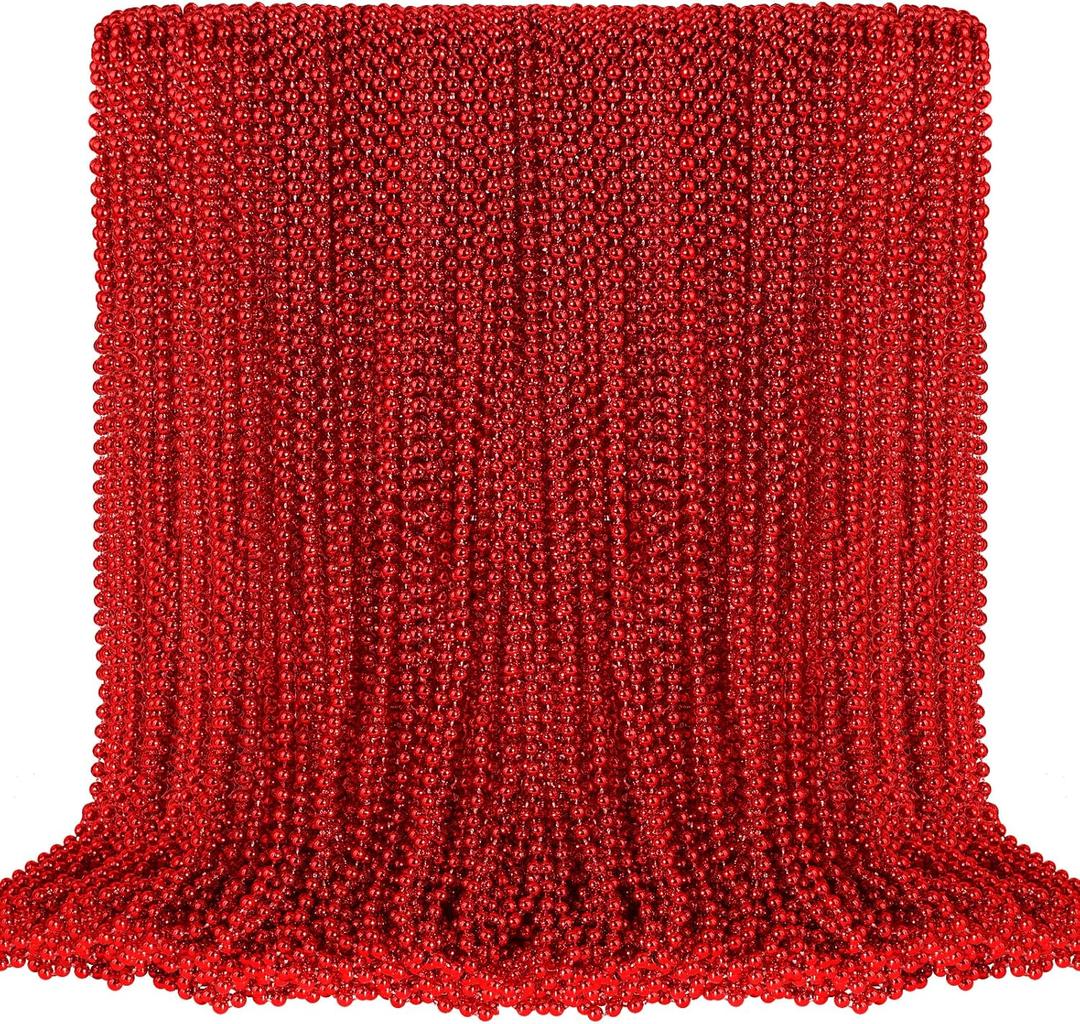 100 PCS Red Mardi Gras Beads, Red Beads Necklaces Christmas Necklaces 33" Metallic Beaded Costume Necklaces Party Necklaces for Valentines Christmas Parade Throws Wedding Birthday Party Favors