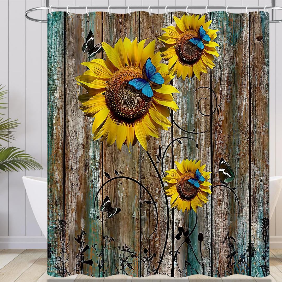 BESBESME Boho Mid Century Shower Curtain Set, Waterproof Fabric for Bathtub Bathroom Decor Modern Machine Washable Weighted Hem Shower Curtain, Sun Flower Polyester Shower Curtain, Taupe, 72"x78"
