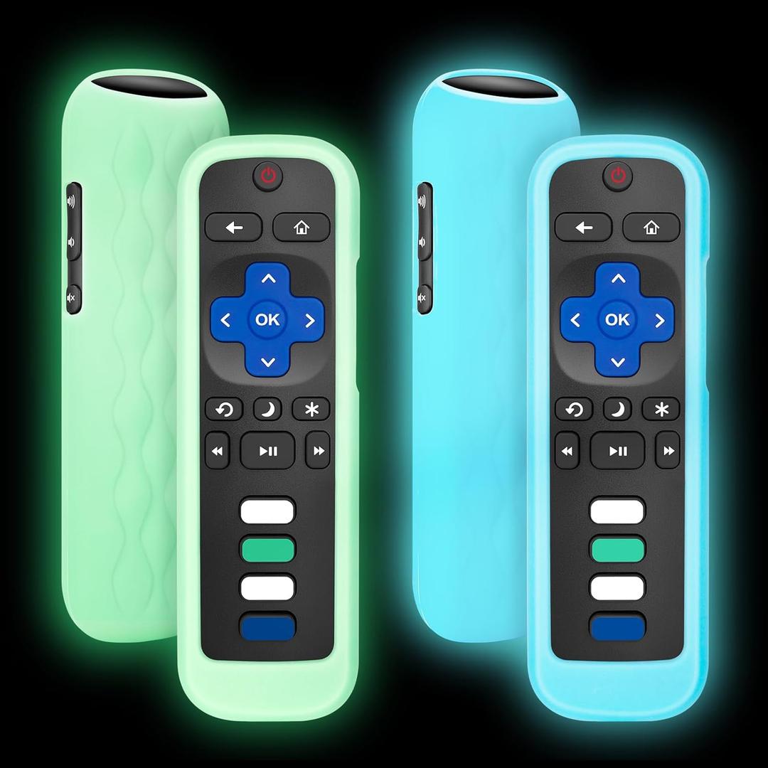 for Roku-Remote-Cover,Compatible with All Roku TV Remote Glow in The Dark Silicone Protective Case Blue and Green 2-Pack