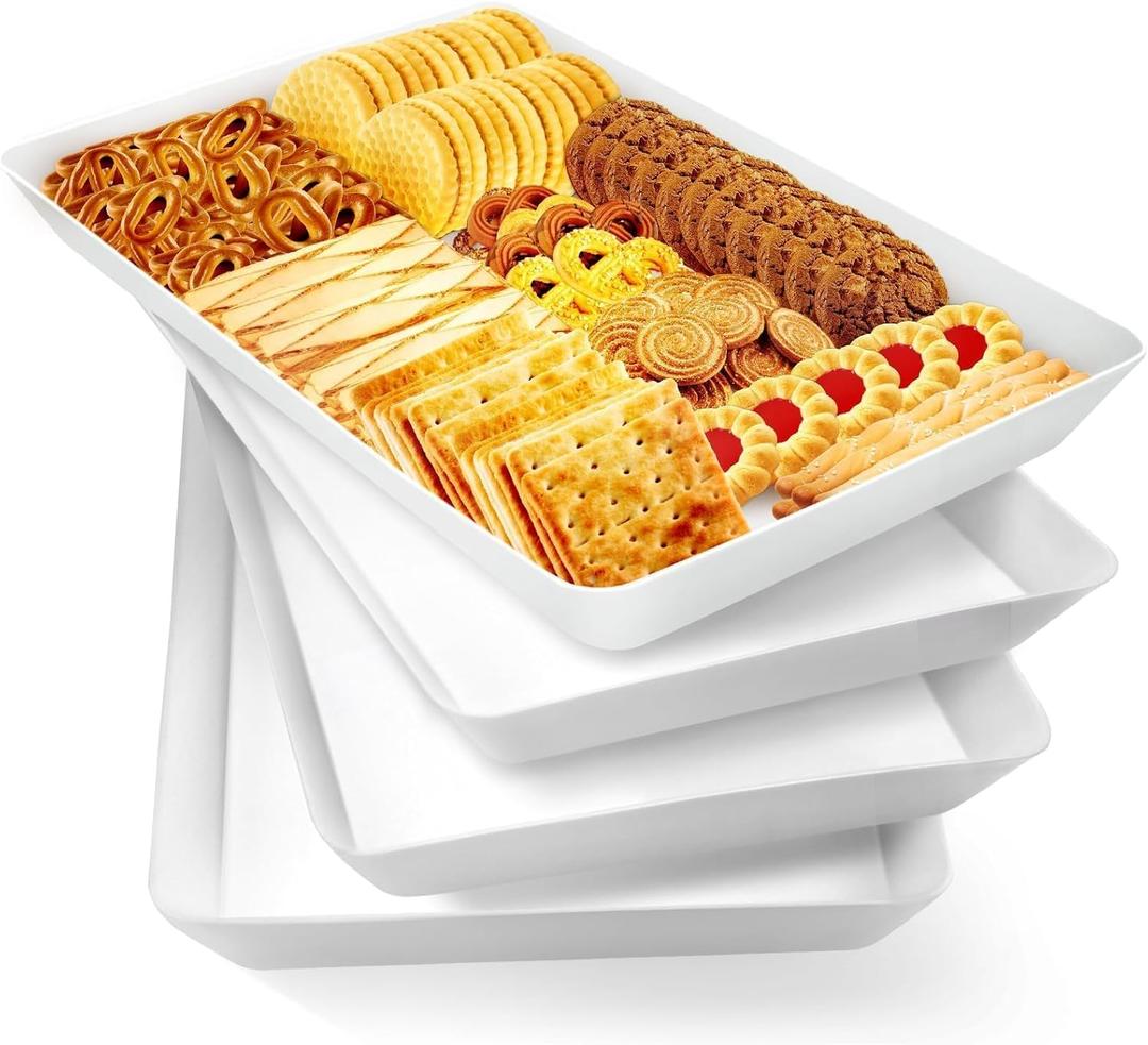WOWBOX 4 pcs Serving Tray for Entertaining, Grilling BBQ Accessories, Serving Platters for Snacks, Fruit, Reusable Plastic Trays for Serving Food and Pantry Organization in Kitchen & for Parties (White)