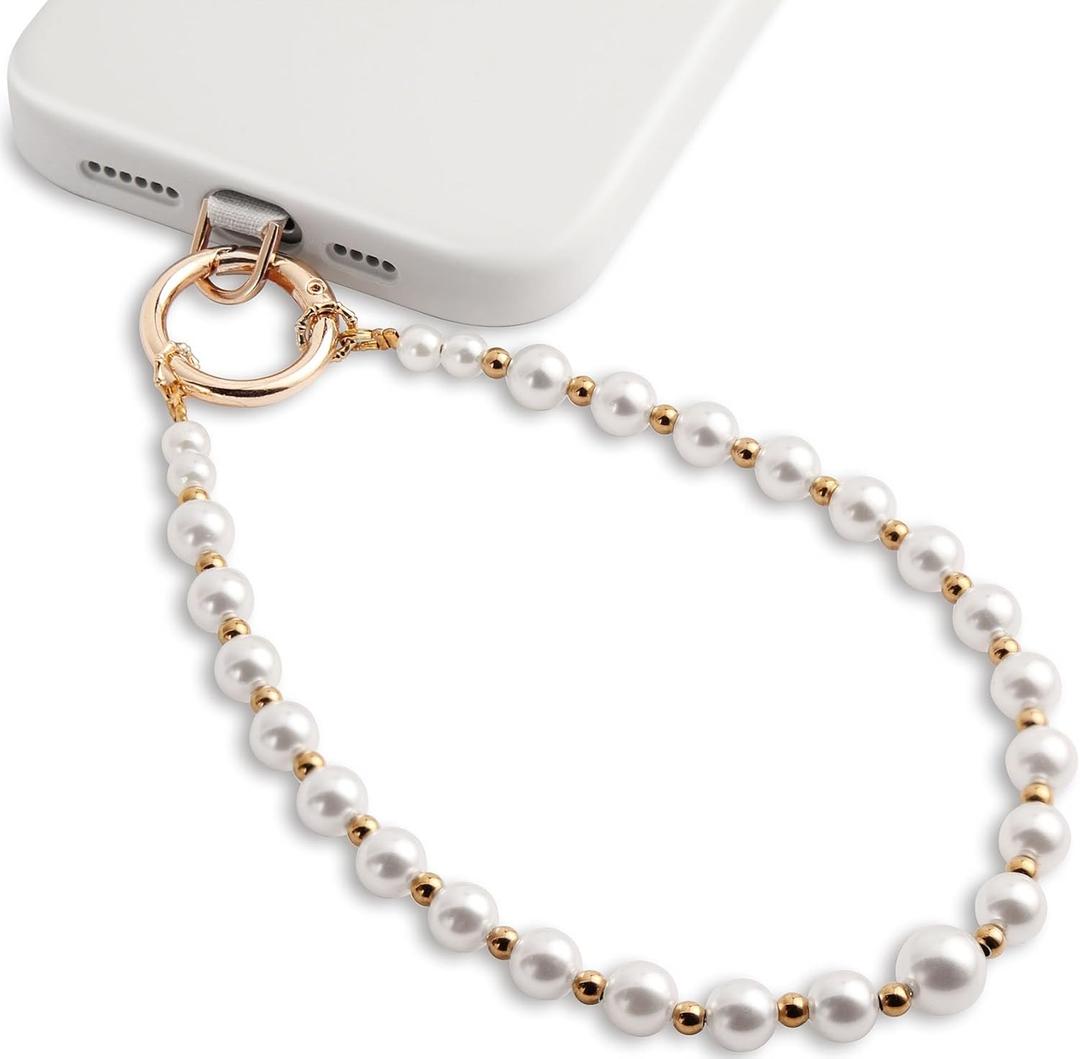 Phone Charm for Women, Anti-Theft Phone Wrist Strap, Hands-Free & Beaded Chain, Detachable Lanyard with Tether Tab (Pearl Shine Gold)
