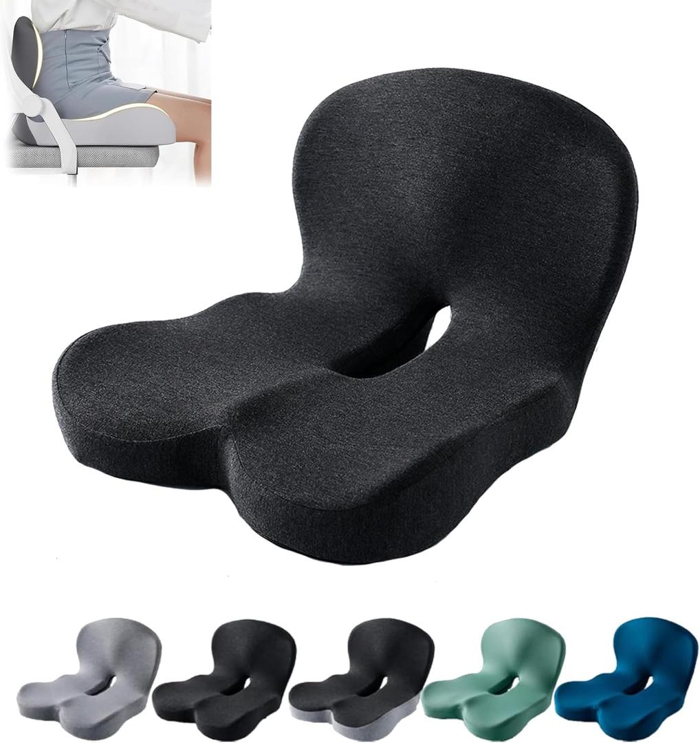 Back and Seat Cushion, Car Seat Cushion, Soothe+ Cushion, Pressure Relief, Non-Slip Belt Backrest, Ergonomic Memory Foam Backrest (Black)