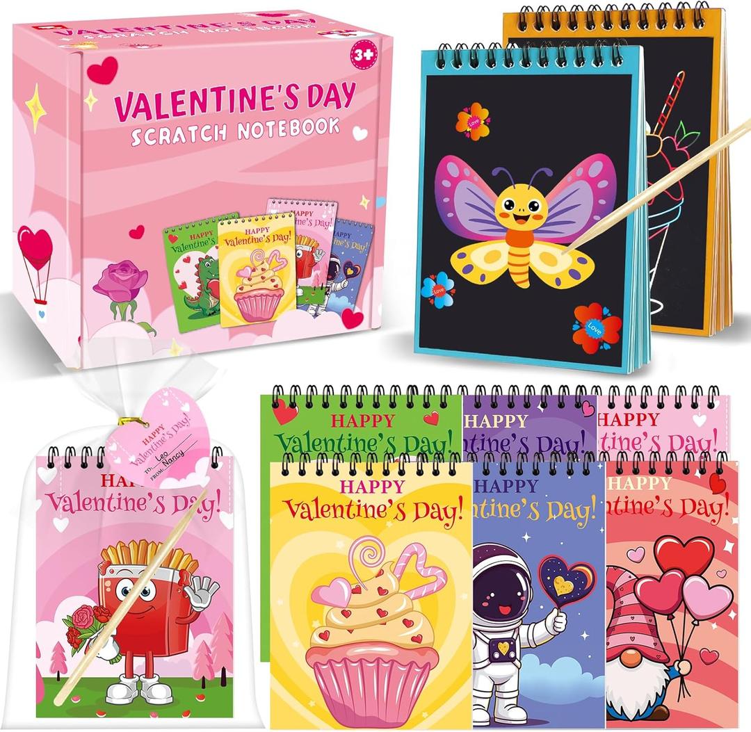 24 Pack Scratch Valentines Day Gifts for Kids, Rainbow Scratch Notebook Paper Bulk with Valentines Cards for Kids Classroom School Gifts prizes Goodie Bag Stuffers