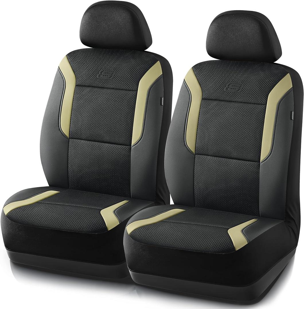Skechers Memory Foam Car Seat Covers, Air Cool Mesh Thick Seat Covers,Car Seat Covers Front Seats Airbag Compatible, Automotive Comfort Protection for Most Cars,Van,Trucks, SUVs,Beige