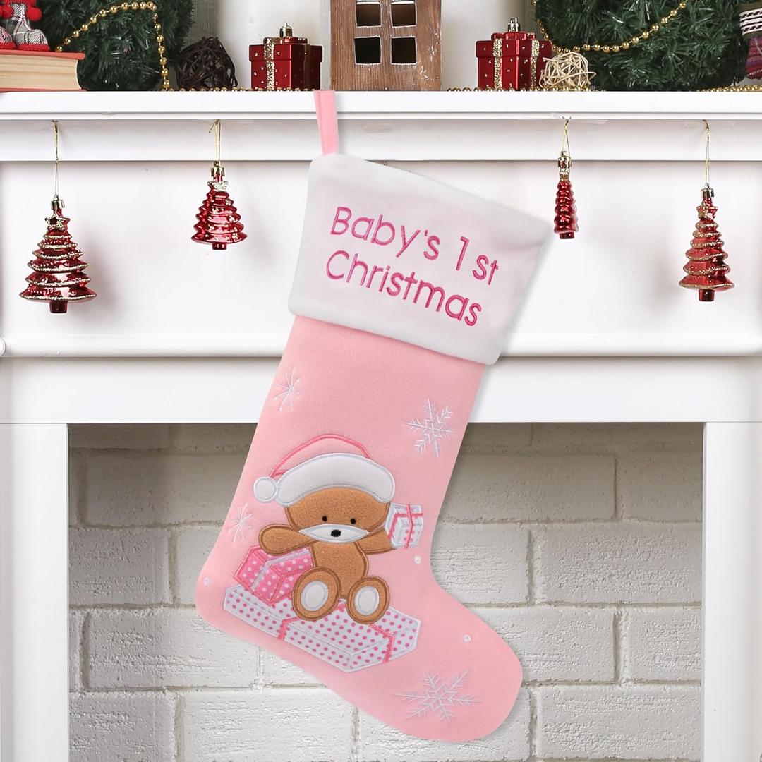 Cuteoy Babys First Christmas Stockings Boy Girl Xmas Stockings Gifts for Newborn Ornament Home Family Decor,Pink, 20