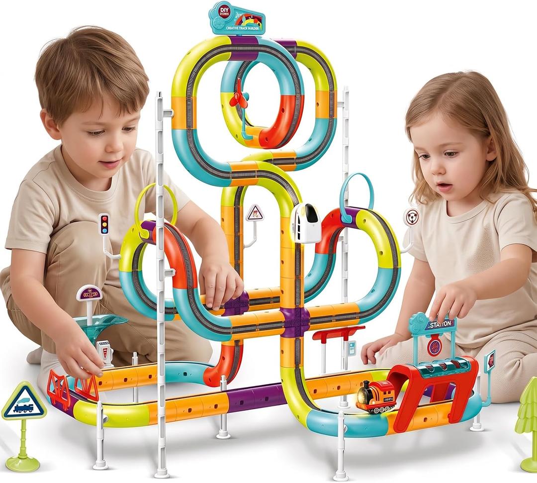 3D Electric Train Set Anti-Gravity for Kids Ages 3-8, 138 PCS | STEM Building Toy, 2×Type-C Rechargeable Train with Sound Light, Anti-Gravity Track, Birthday Gifts for Boys Girls Toddlers