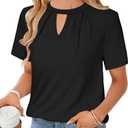 Rooscier Women's Dressy Casual Blouses Pleated Keyhole Short Sleeve Work Shirts Tops, Large, Black
