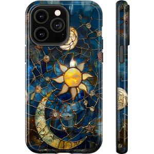 for iPhone 15 Pro Case,Moon Stars Celestial Glass,Dual Layer Soft TPU Hard PC Bumper Case Design,Protective Phone Cover Girls Will Love