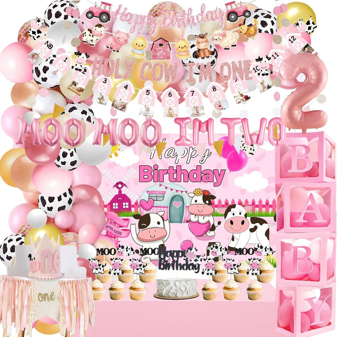 Pink Cow Party Decorations 148PCS Cow Balloons Garland Include High Chair Banner Boxes Cutout MOO MOO Banners for Boys Girls Farm Animal Themed Baby Shower Birthday Party Decorations Supplies