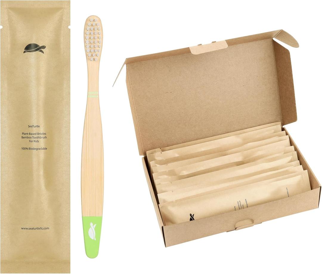 Sea Turtle Plant-Based Bristles, Soft Bamboo Toothbrushes, Individually Sealed for Kids (10 Pack)