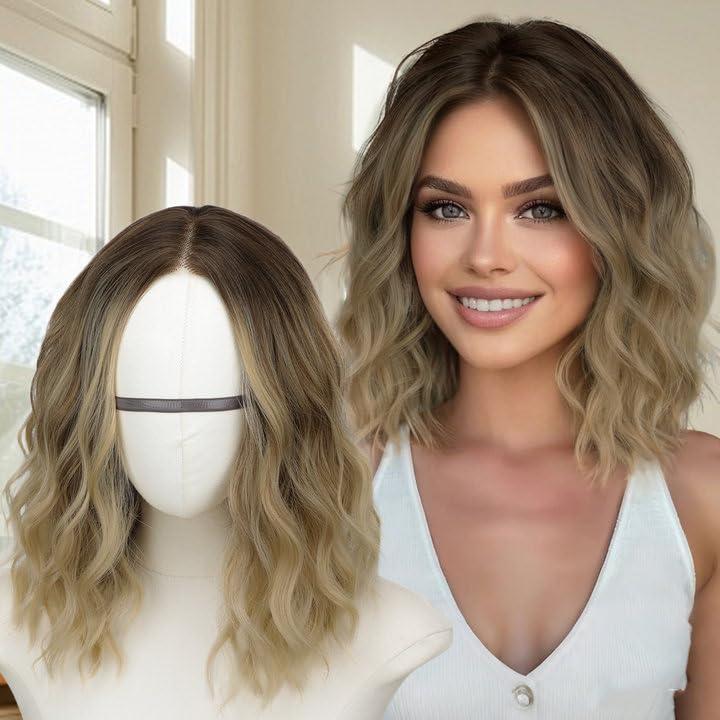 AISI HAIR 14 Inch Ombre Blonde Wigs for Women - Shoulder Length Wave Wig with Pre-Cut Lace Hairline, Middle Part Natural Wavy Bob Synthetic Heat Resistant Fiber for Daily and Party