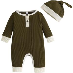 Newborn Baby Boy Girl Romper Toddler Solid Ribbed One-piece Jumpsuit Clothes Hat Infant Coverall Jumper Outfit Set (3-6 Months, Dark Green)