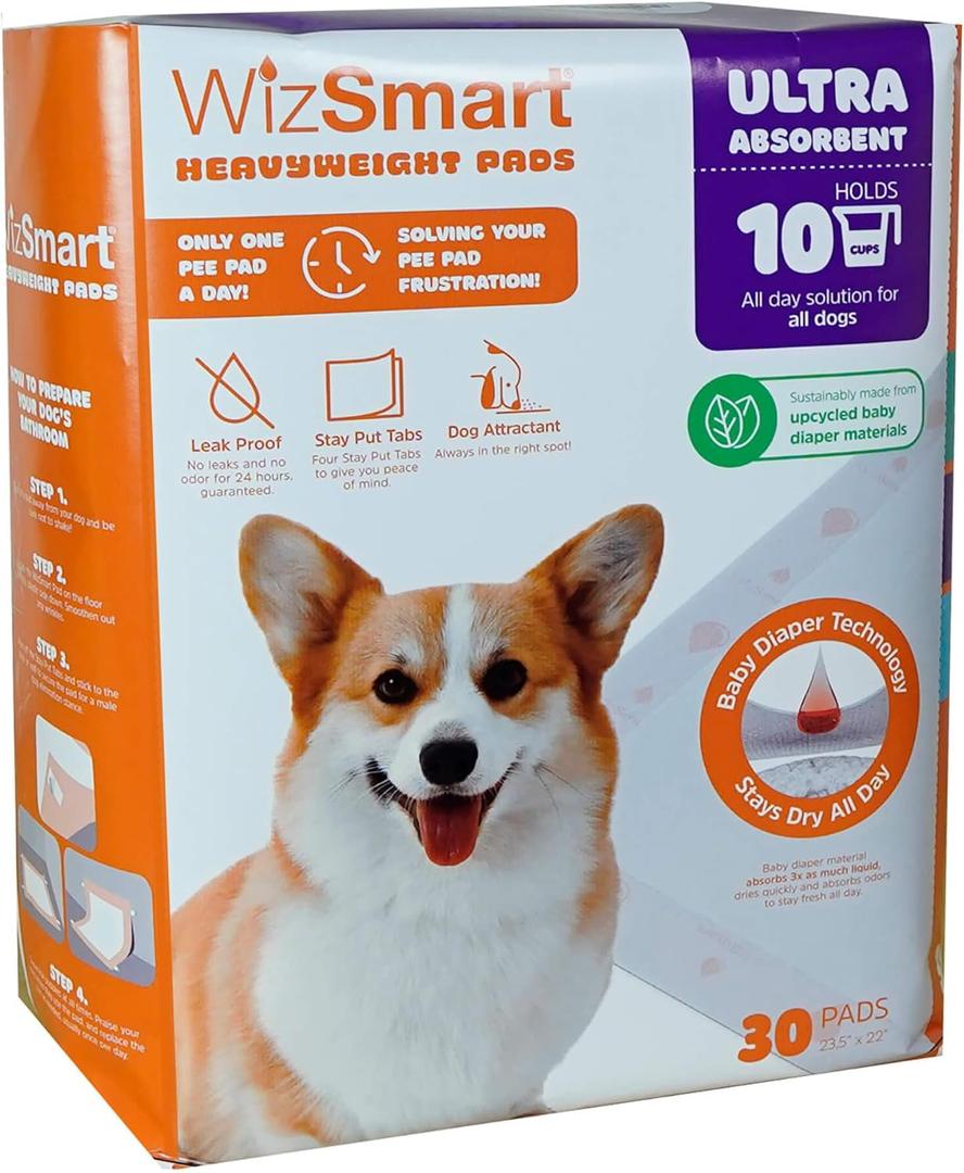 WizSmart Heavyweight Dog Pee Pads for Large Dogs, Puppies, Seniors Ultra Absorbent, Leak Proof, Odor Control, Quick Dry, Training Pads with Stay Put Tabs 23.5" x 22", 10 Cup Capacity