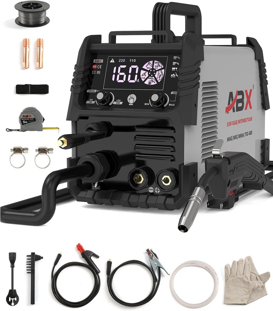 ABX MAG160A Welder, Welding Machine, 5 in 1 MMA Stick/GAS MIG/MAG/Gasless FLUX-CORED/LIFT TIG/Spot, 110V/220V Dual Voltage With Tape Measure, IGBT Inverter, Digital Screen Display