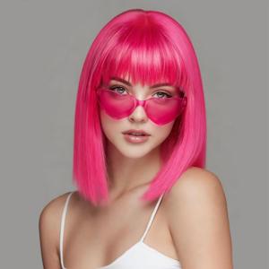 SUKRI Hot Pink Short Bob Wig with Bangs,12 Inch Short Straight Bob Wigs for Women,Shoulder Lenght Heat Resistant Synthetic Hair for Party Cosplay Use