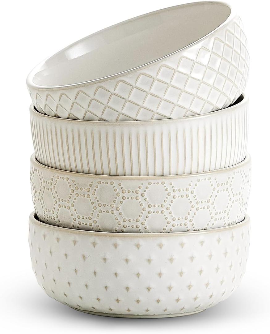 26oz Ceramic Cereal Bowls, Embossed Cereal bowls Set of 4, Large Soup Bowls Wide Anti-Slip Base, Dishwasher & Microwave Safe, 6 inch Stoneware Soup Bowls, Housewarming Gift, Arctic white
