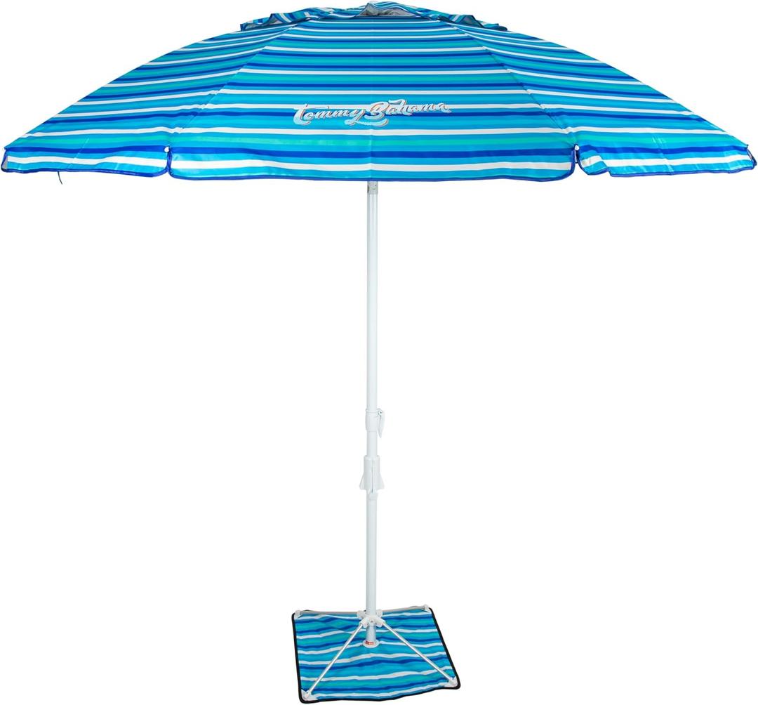 Tommy Bahama ANCHORX Adjustable Beach Umbrella Base System with Sand Anchor and Carrying Bag, SPF 50+ Protection Portable Outdoor Market Umbrella (7-Feet, Blue Stripe)
