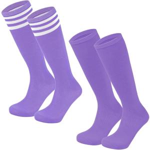 Century Star Kids Soccer Socks Softball Baseball Sock Toddler Youth Knee High Socks Striped Cotton Atheletic (12-15 Years, Purple & Purple White)