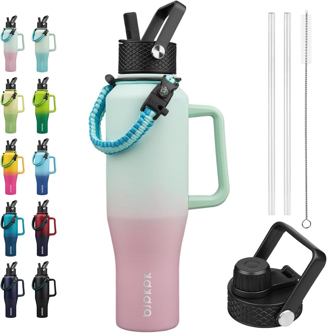BJPKPK Insulated Water Bottles with Straw Lid, 40oz Metal Water Bottle with 2 lids & Paracord Strap, Double Wall Stainless Steel Tumbler with Handle, Reusable Cups, Mugs, Thermo, Marshmallow