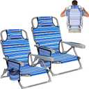 2 Pack Lightweight Portable Beach Chair for Adults, 350 LBS Capacity Backpack Beach Chair, Reclining Beach Chair with 5-Position Lay Flat, Large Cup Holder for Beach Camping Sports
