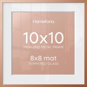 10x10 Picture Frame Rose Gold, High End Metal 10 by 10 Square Frames with Mat 8 x 8 Photo, 10by10 Poster Frame Matted to 8x8 Print, Wall or Tabletop Frame, Tempered Glass, Wall Kit, Set of 1