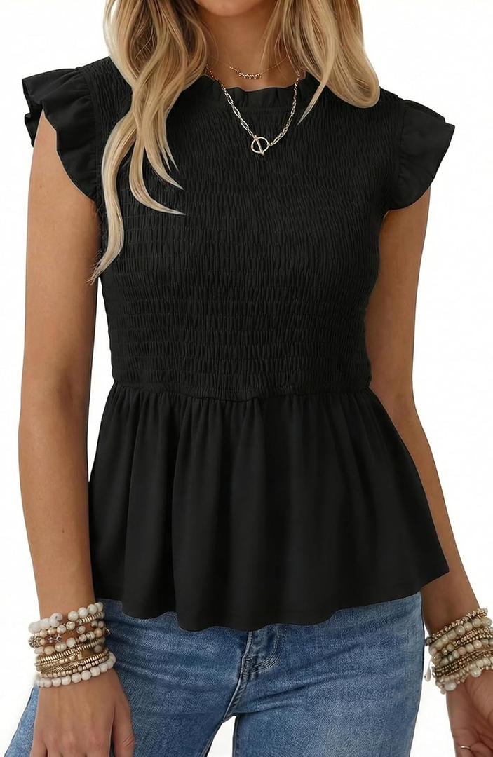 SHEWIN Womens Blouses Peplum Babydoll Summer Tops Ruffle Sleeve Dressy Casual Elegant Ladies Solid Shirts Spring Clothes (Small, Black)