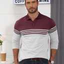 Men's Long Sleeve Polo Shirt Striped Cotton Moisture Wicking Classic Collared Casual Golf Shirts for Men (Red, XL)